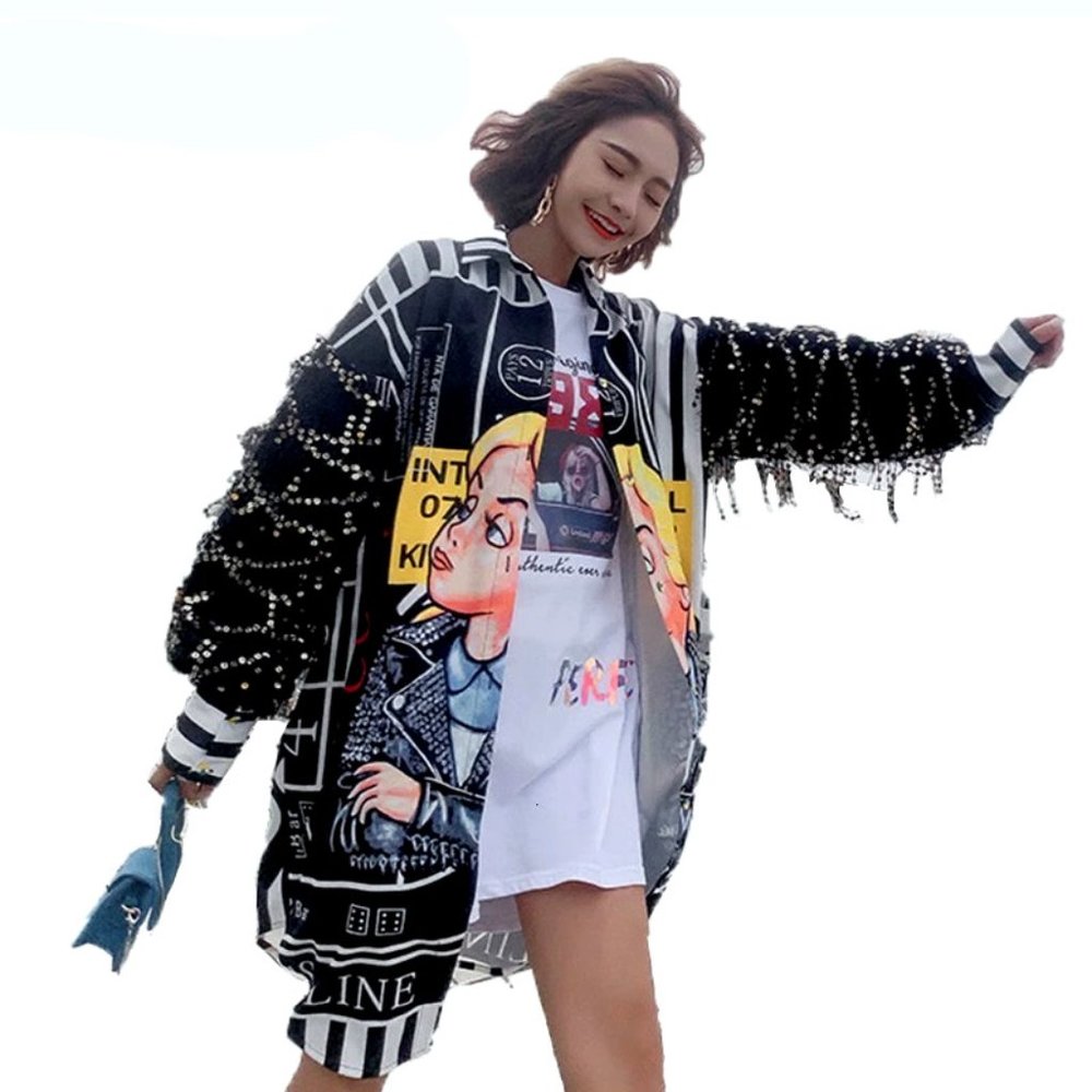 Oversized Sequin Sleeves Button Up Graphic Cartoon Print Blouse